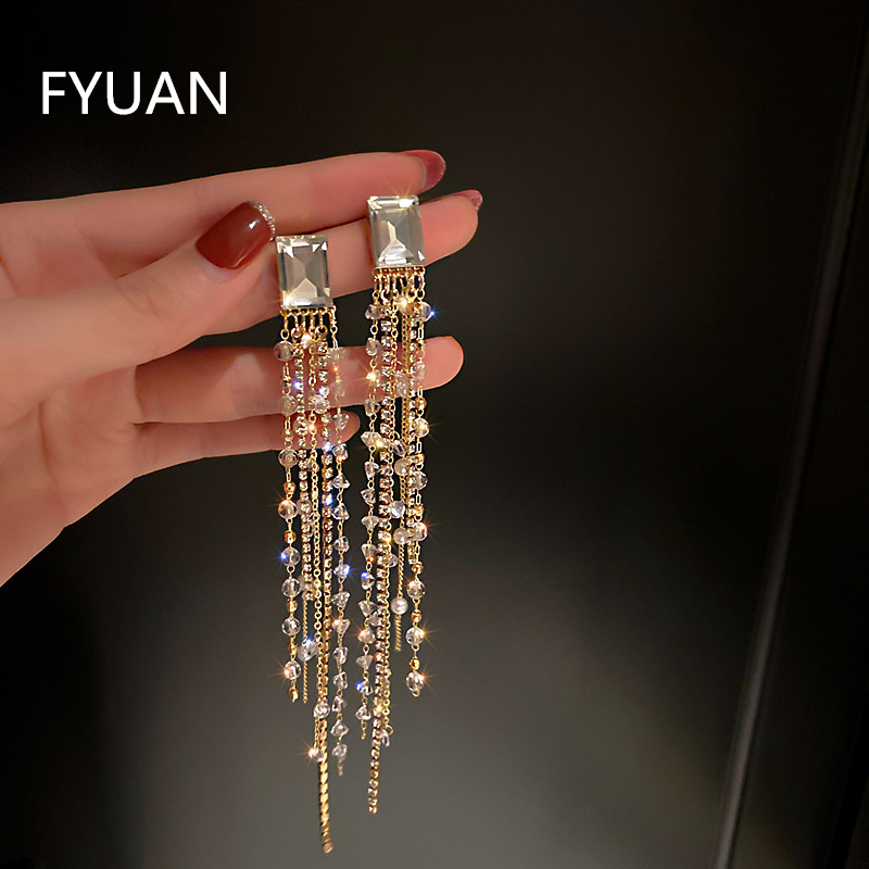 FYUAN Geometric Square Crystal Rhinestone Earrings for Women Bijoux Long Tassel White Beads Dangle Earrings Statement Jewelry