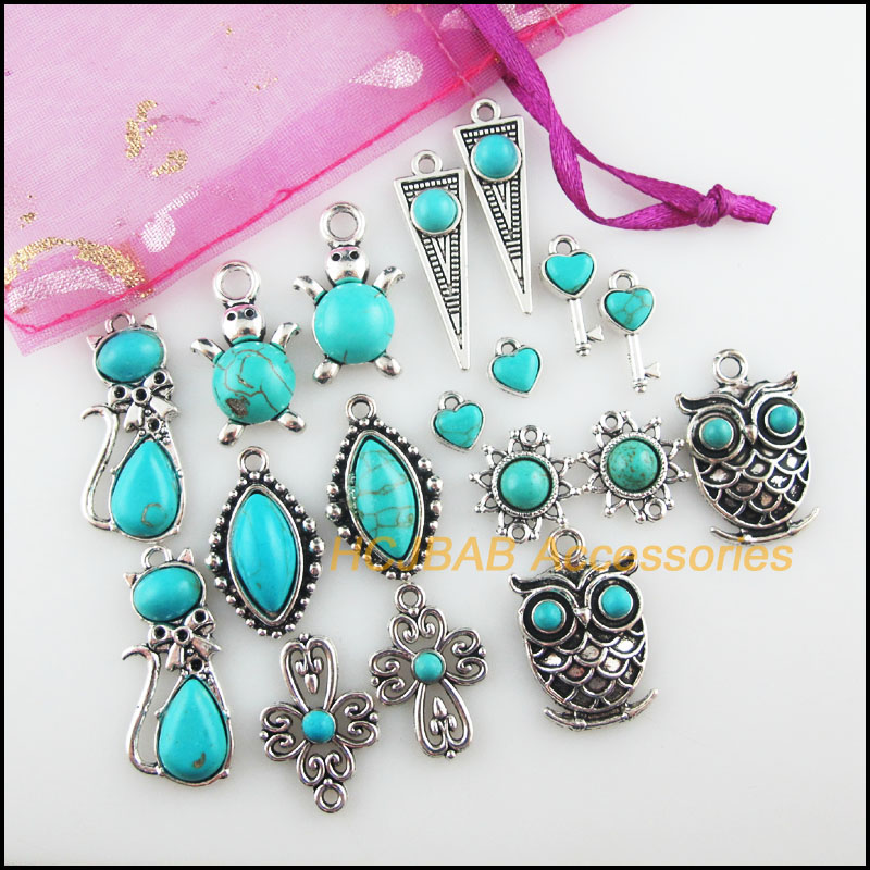 New Turquoise Stone Charms Cat Owl Cross Flower Key Oval Tibetan Silver Plated Pendants Retro