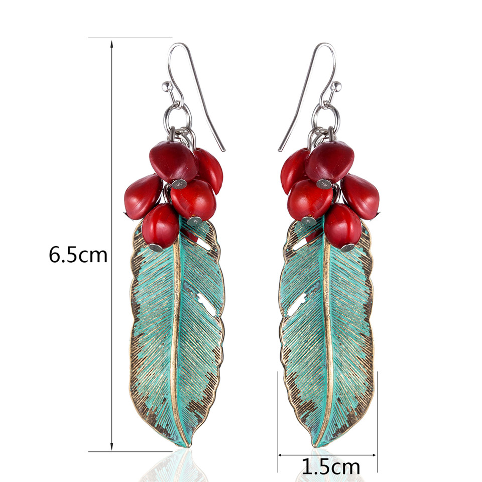 2023 Wholesale Beautiful Handmade Vintage for Women Earrings Green Feather Red Beans Pendientes brincos Jewelry Christmas Gift