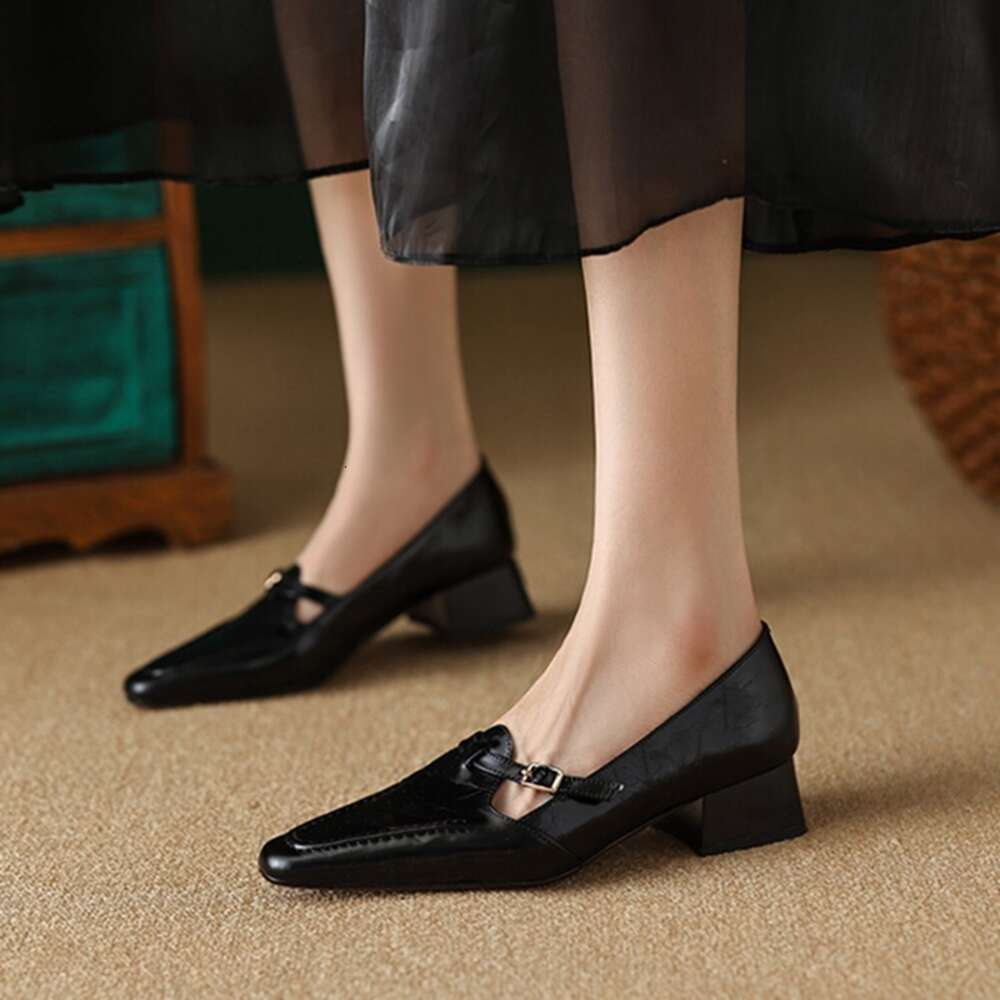 NEW Spring/Autumn Loafers Genuine Leather For Square Toe Chunky Shoes Concise Buckle Low Heel Women Pumps