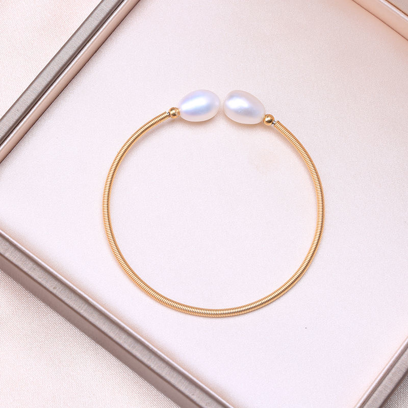 BaroqueOnly 14k gold-filled hand made white freshwater Pearl Wire Strings adjustable Bracelet Vintage Style Bangle delicate HAB