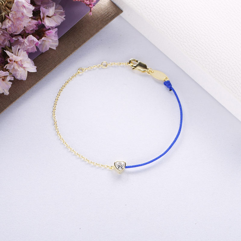 Moonmory 100% 925 Sterling Silver Pink Blue String Heart Crystal Bracelet For Women Half Golden Chain Half Rope Jewelry 0.8mm
