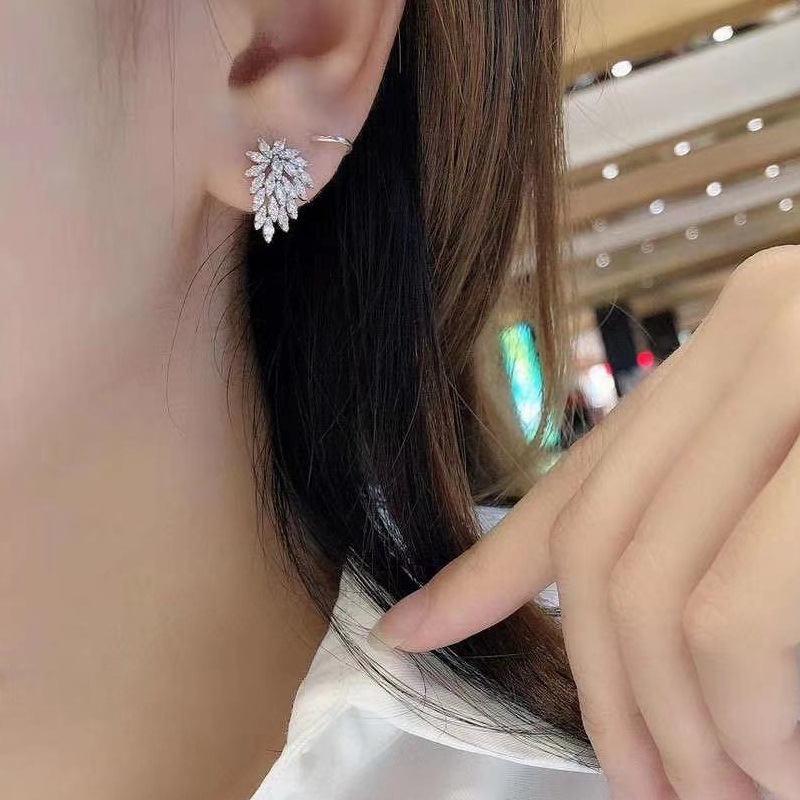 Rhinestone 925 SIlver Needle Statement Earrings 2021 Geometric Big Leaf Feather Stud Earrings For Women Crystal Wedding Gift
