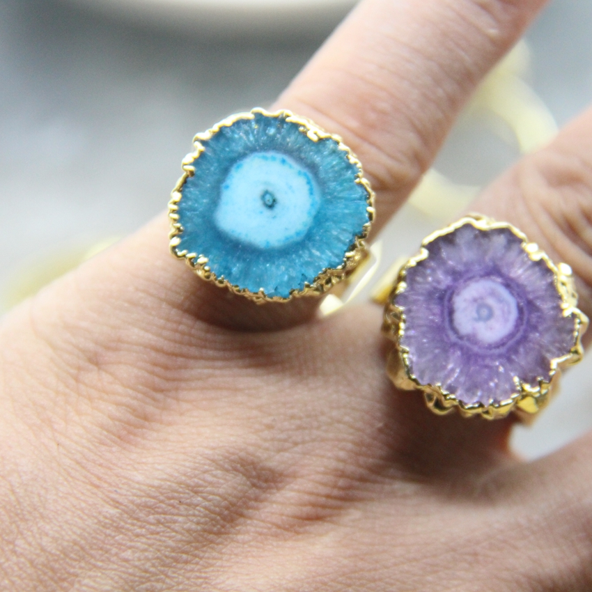 Natural Druzy Solar Quartz Adjustable Golded Women Finger Ring 5 Colors Sun Flower Reiki Heal Drusy Crystal Geode Rings Jewelry
