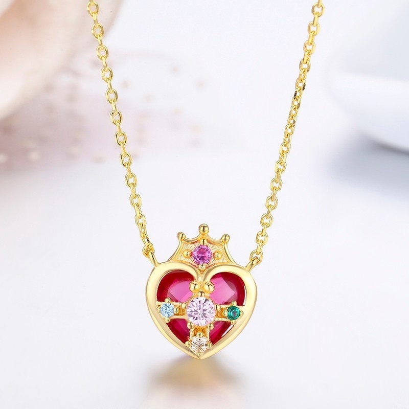 925 Sterling Silver Gold Color Hot Pink Stone Heart Charm Choker Pendant Necklace For Women Girl Heart Of The Universe Jewelry