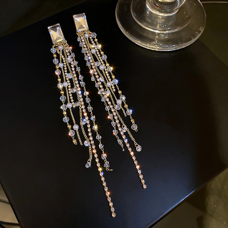FYUAN Geometric Square Crystal Rhinestone Earrings for Women Bijoux Long Tassel White Beads Dangle Earrings Statement Jewelry