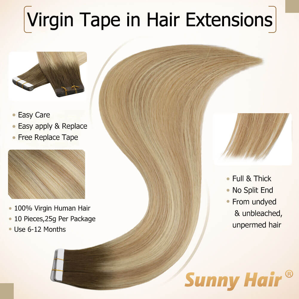 VeSunny Virgin Tape In Hair Extensions Human Hair Straight Extensions Balayage Color Skin Weft Adhesive Glue High Quality