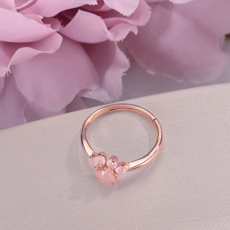 Fine Jewelry 925 Silver Sterling Rings For Women Rose Quartz Natural Bear's Paw Foot Gemstone Print Pink Lovely Ring CCRI027
