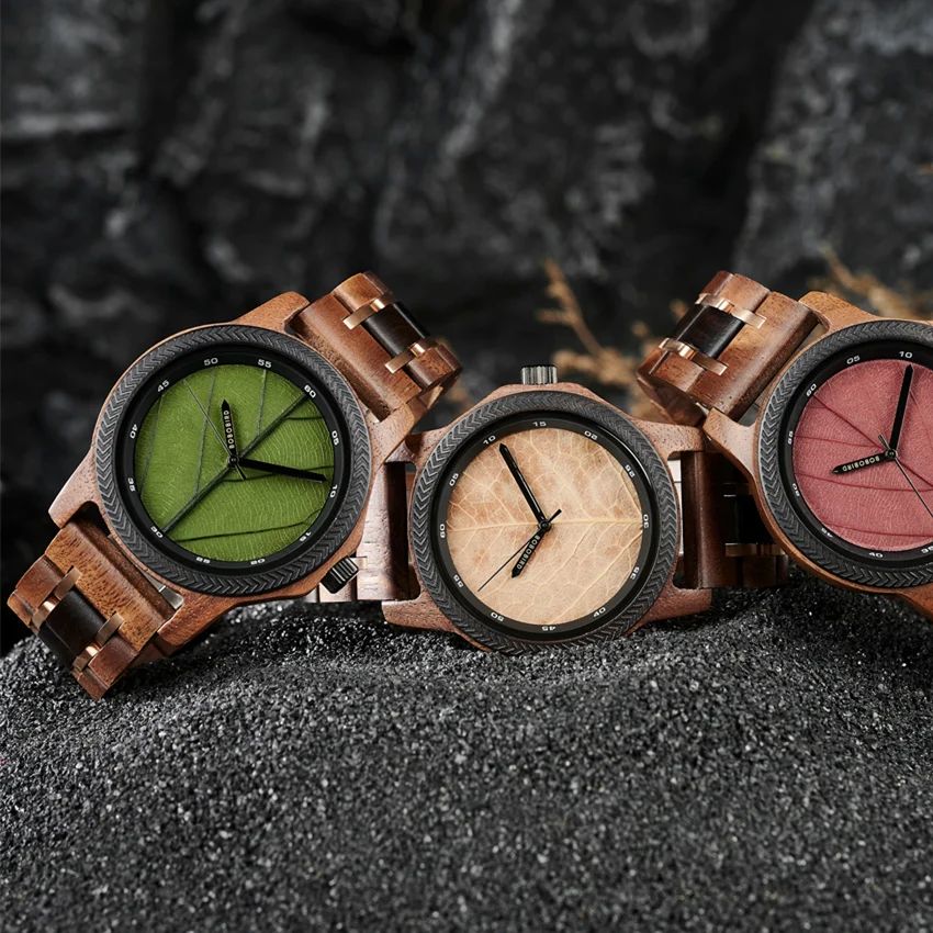 Mens Watches Unique Leaf Dial Design Quartz Wooden Wrist Watch for Men Support