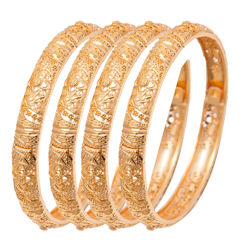4Pcs/lot 24K Dubai Bangle Women Gold Color Jewelry Copper 18 k GF Dubai Bracelet for Women Africa Arab Items wedding bridal gift