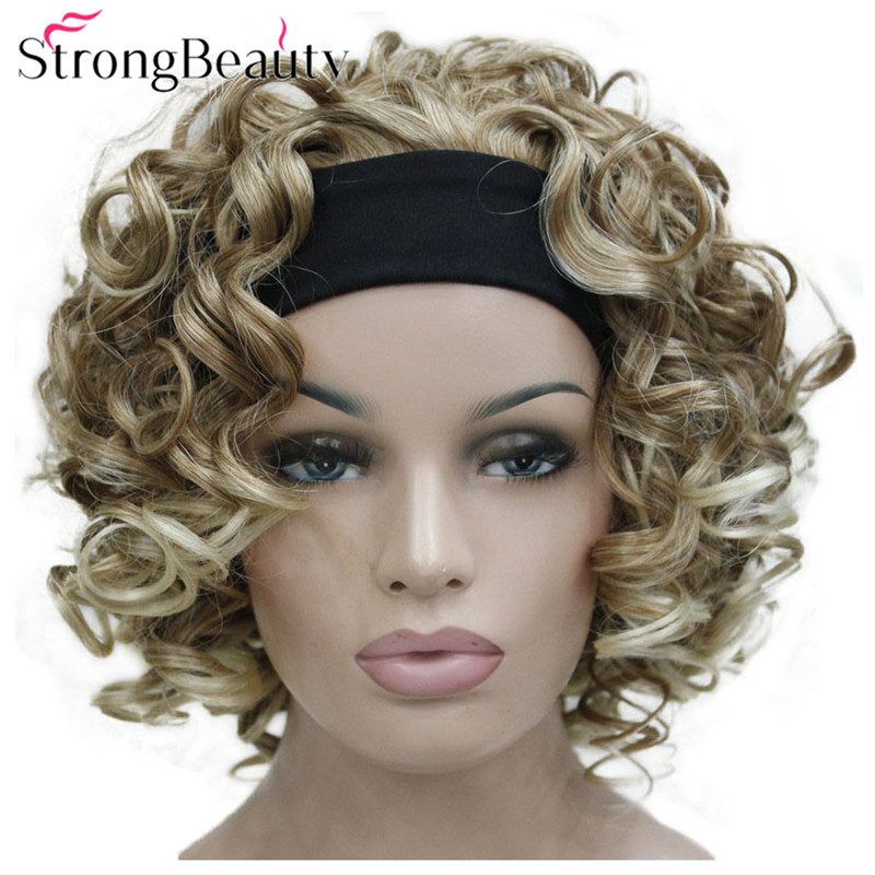 StrongBeauty Short Curly Synthetic Wigs with Headband Women Blue/Gray/Black/Red/Blonde/Brown Wigs 3/4 Half Wig for Lady