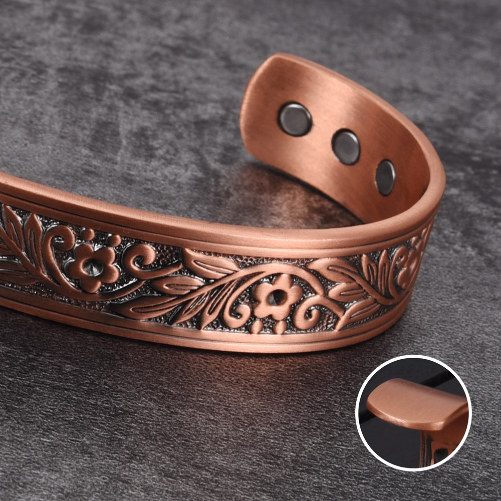 Vinterly Magnetic Copper Bracelets Men Wide Health Energy Magnet Vintage Flower Adjustable Open Cuff Bangles for Women Resizable