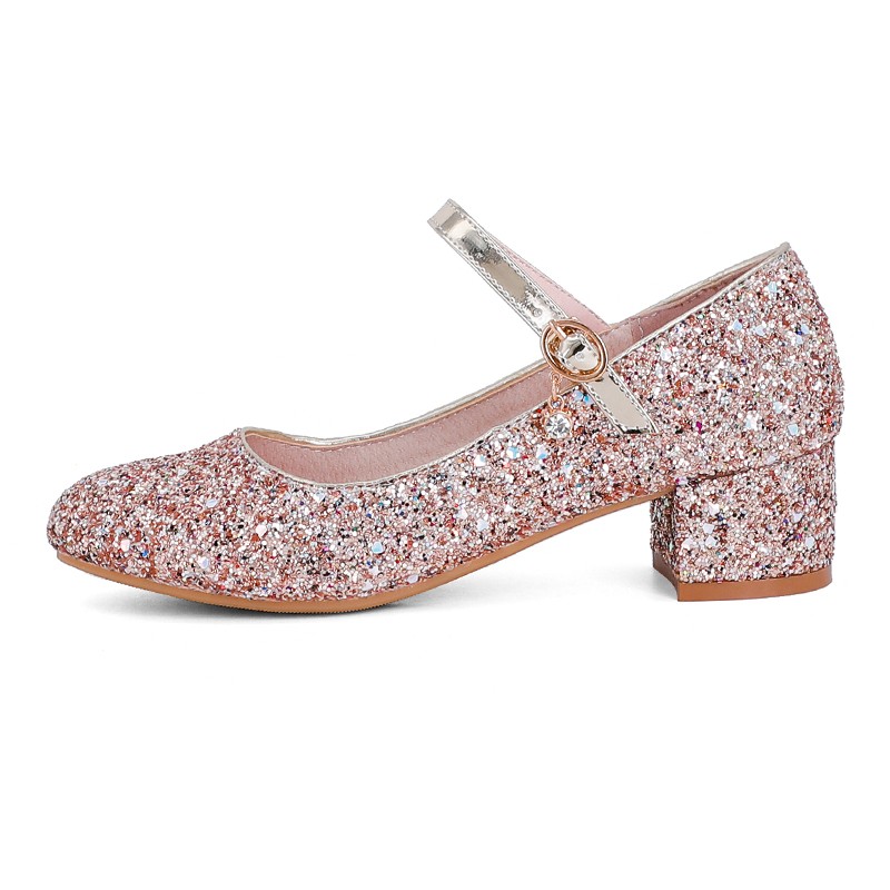 Sweet Girls Performance Party Sequin Fairy Shoes Pink Gold Silver Red Round Toe Middle Heels Wedding Mary Jane Pumps Size 34-43