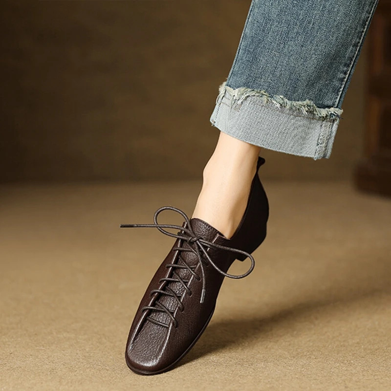 NEW Spring/Autumn Loafers Genuine Leather For Square Toe Chunky Women Pumps Lace-Up Low Heel Shoes