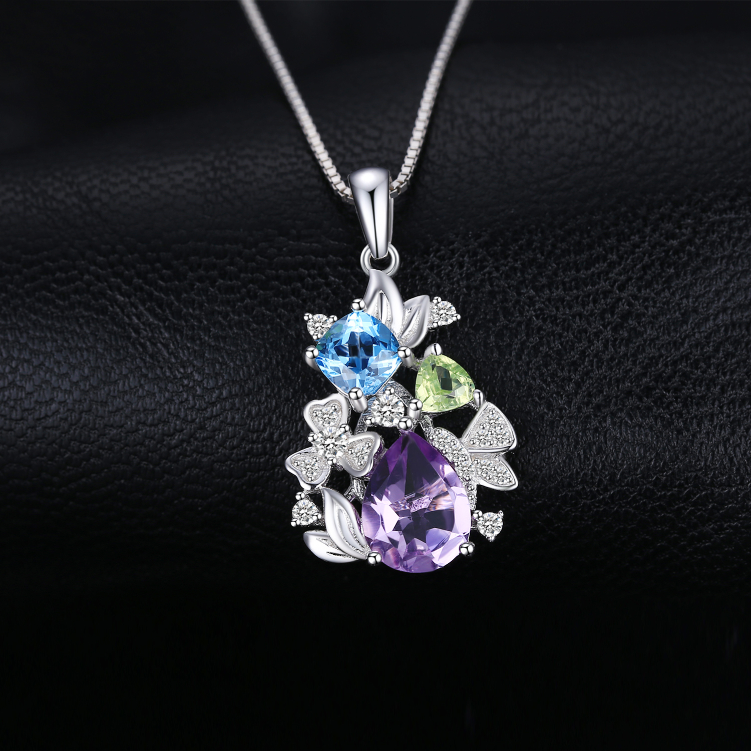 JewelryPalace Natural Amethyst Blue Topaz Peridot Chrome Diopside Flower Pendant Necklace 925 Sterling Silver Women No Chain