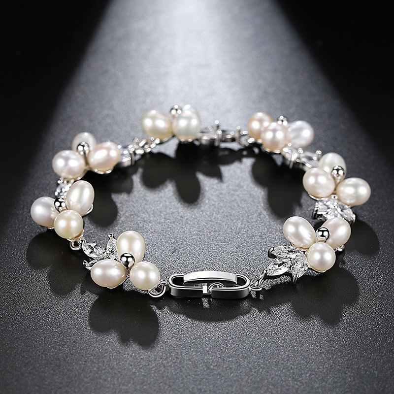 LUOTEEMI Elegant CZ Freshwater Pearl Bracelet Luxury Cubic Zirconia Women Flower Bridal Wedding Engagement Bracelets Jewellery