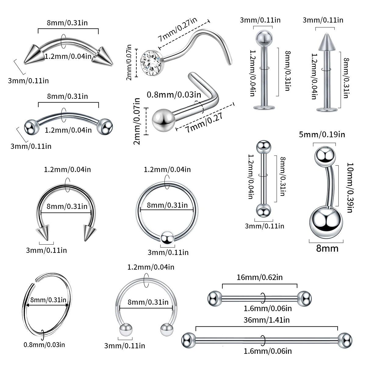 70pc Surgical Steel Body Piercing Jewelry Lot Bulk Nose Ring Tongue Bar Lot Eyebrow Labret Piercing Set Horseshoe Ring Lot Pack