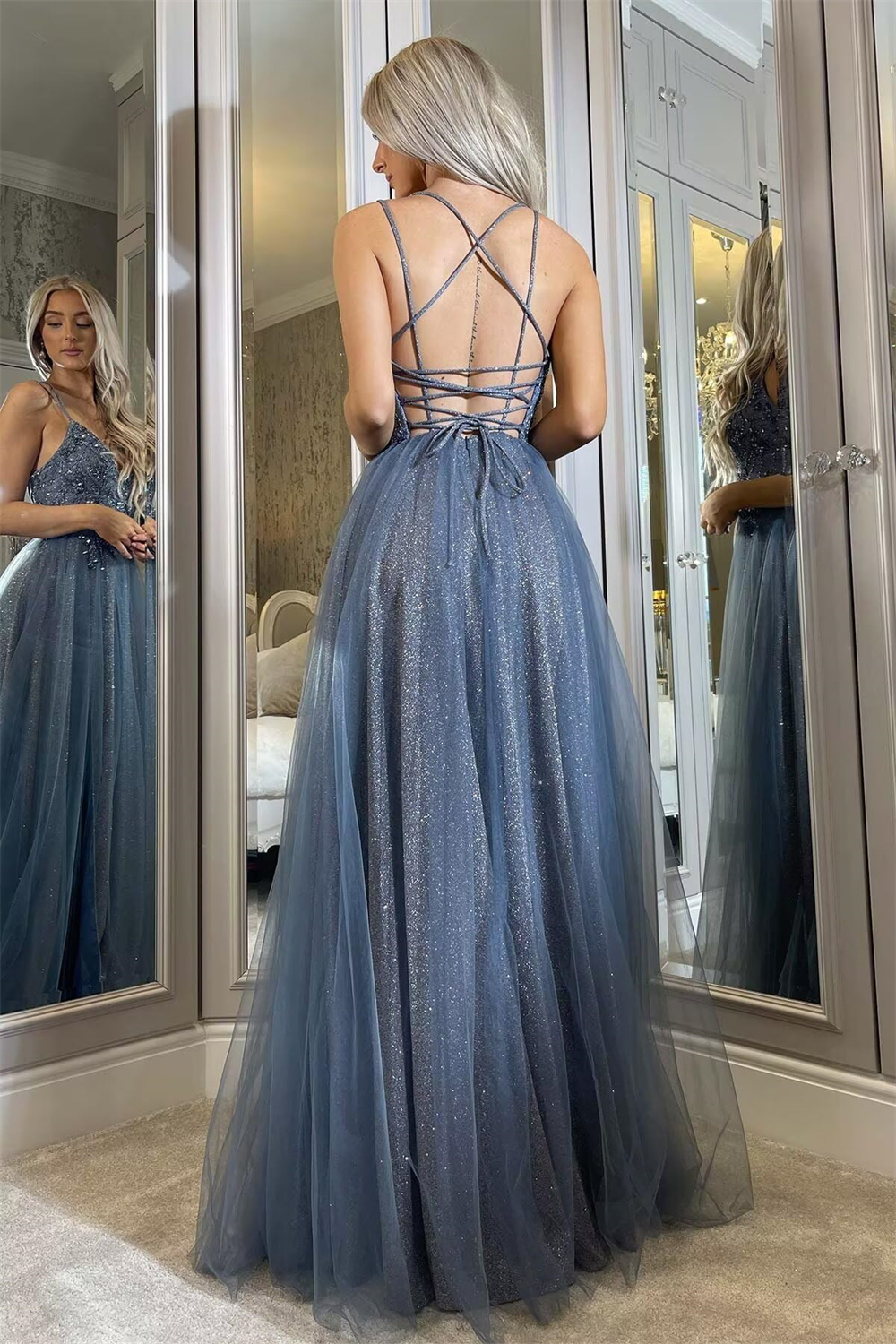 Long Prom Dresses Sequins Beading Deep V-Neck Backless Lace-up Split Tulle A-Line Plus Size Formal Occasion Evening Party Gown Pd22