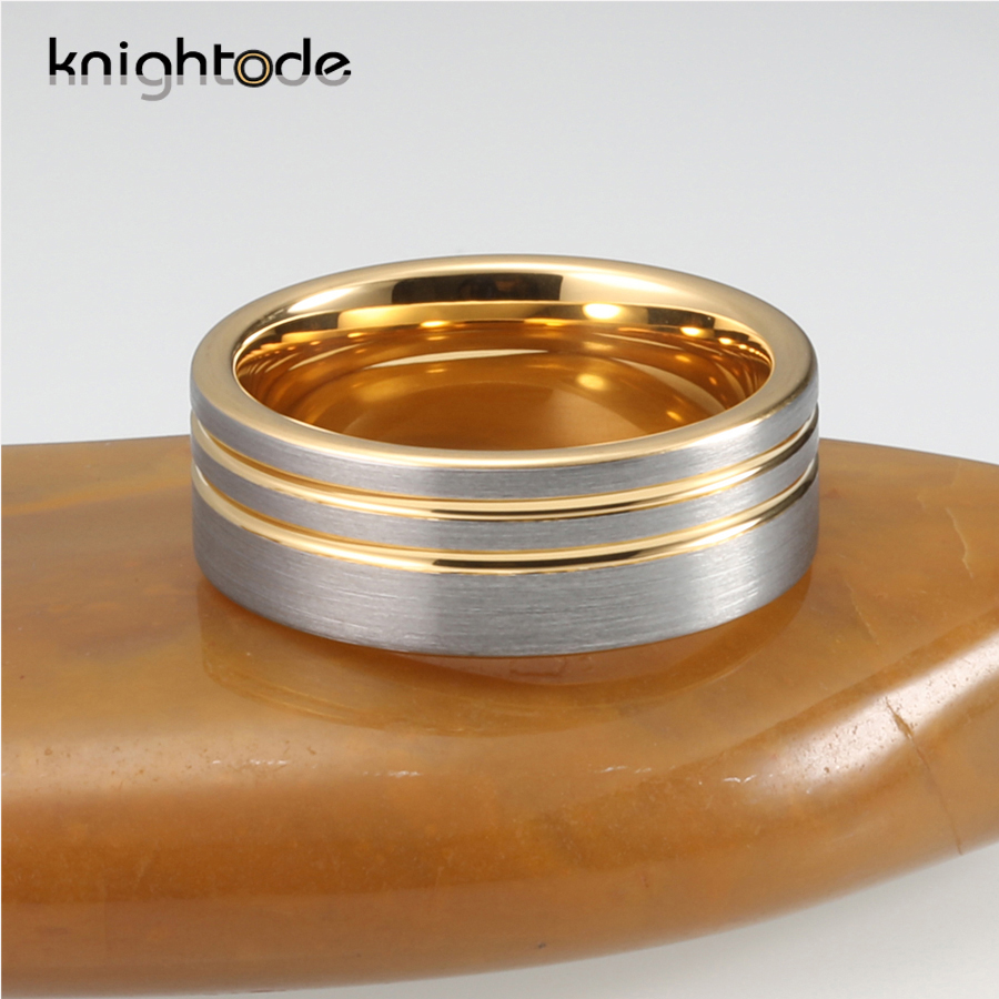 8mm Two Offset Grooved Gold Color Tungsten Carbide Wedding Band For Men Women Engagement Rings Flat Brushed Comfort Fit