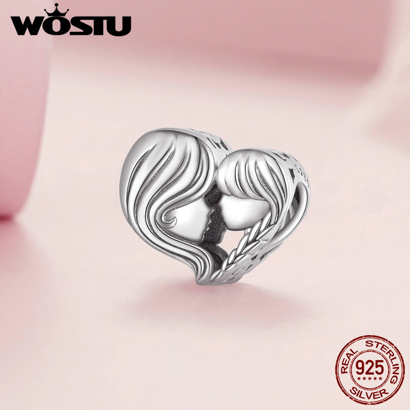 WOSTU 100% 925 Sterling Silver Heart Vintage Charms Beads Fit Original DIY Bracelets Necklace Mother's Day Jewelry Gifts for Mom