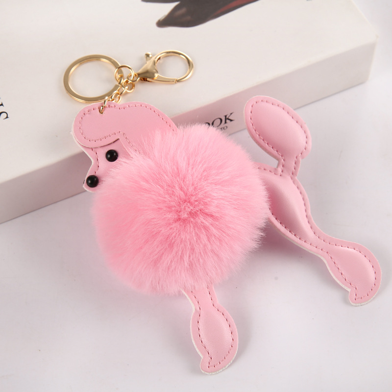Lovely Poodle Faux Fur Ball Keychain Cute PU Leather Fluffy Animal Dog Keyring Women Bag Pendant Charm Plush Puppy Trinket Gifts