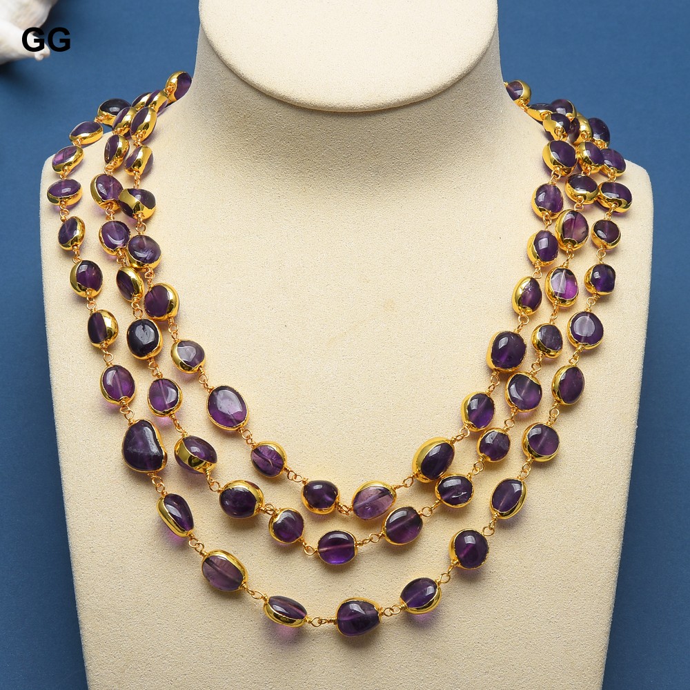 G-G 3 Strands Natural Amethyst Freeform With Electroplated Edge Necklace Earrings Bracelet Sets Handmade For Women