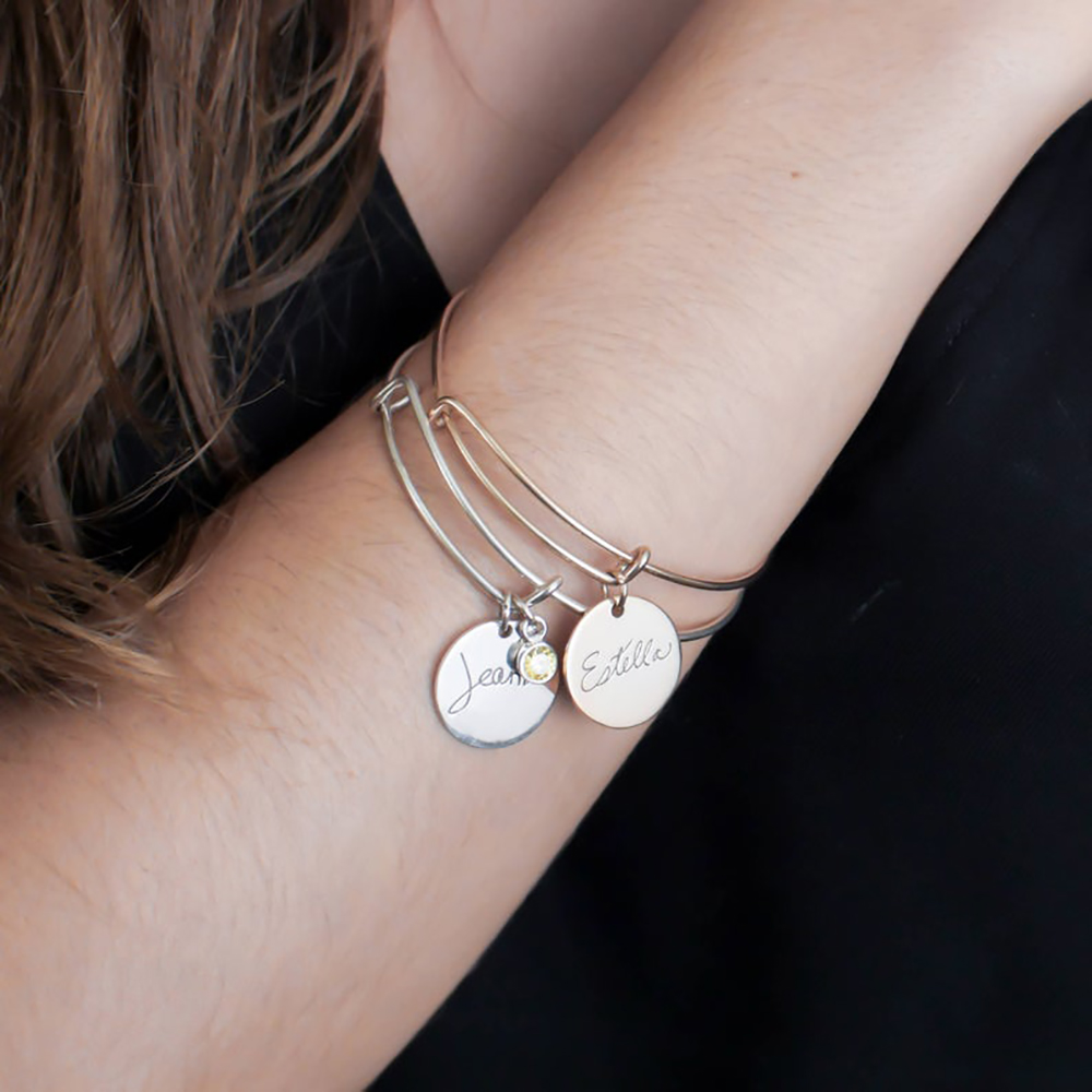 Mini-World Classic Round Pendant Custom Carved Handwritten Signature Birthstone Bracelet Adjustable Bangle Gift For Women