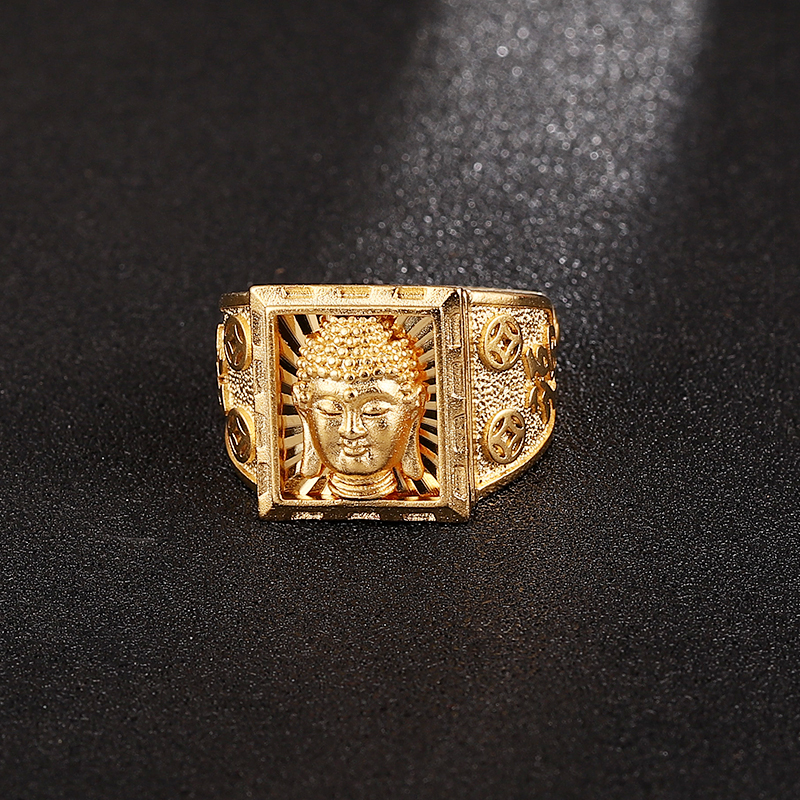 Men's Gold Color Ring Buddha Finger Ring Resizable Buddha Head Carved Ring Buddhist Jewelry