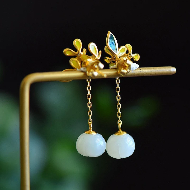 Original Design Inlaid Natural Hetian Jade Osmanthus Long Earrings for Women Chinese Style Classical Exquisite Jewelry