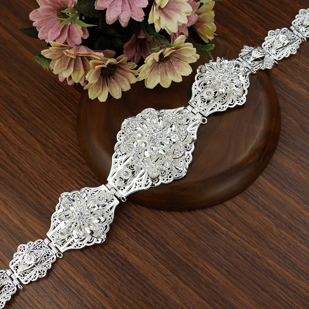 Sunspicems Gold Silver Color Morocco Belt For Women Crystal Flower Arab Wedding Caftan Jewelry Adjustable Length Waist Chain