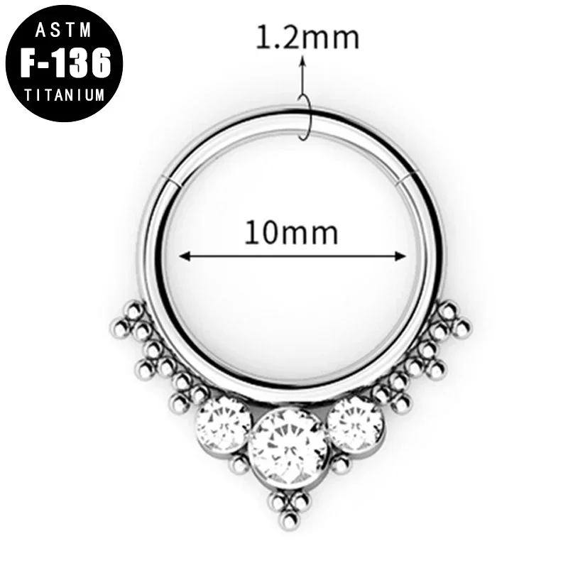ASTM F136 Titanium Nose Ring 3 CZ Cluster Bead Hoop Ring Cartilage Nose Septum Hinged Segment Helix Lip Earring Piercing Jewelry