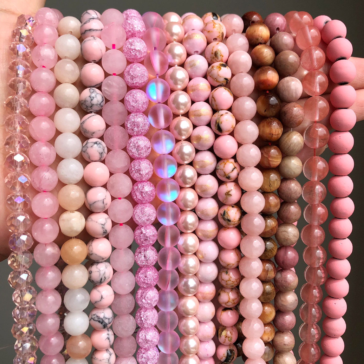 Natural Stone Pink Jaspers Quartz Crystal Cat Eye Opal Jades Pearl Round Bulk Beads ewelry Making DIY Braclet Charms Wholesale