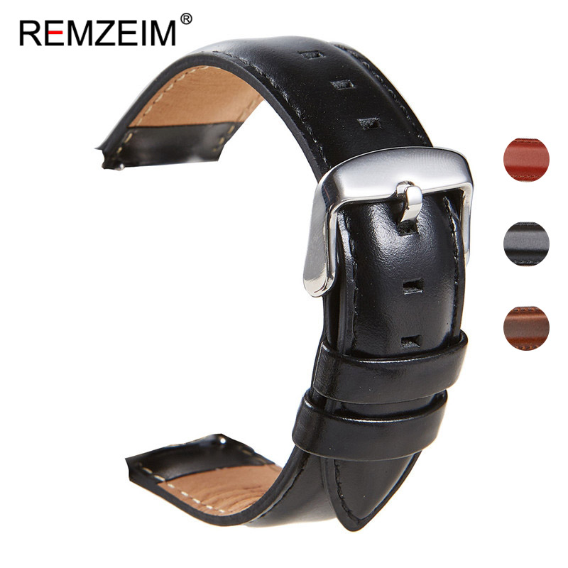 REMZEIM Leather Watch Bands Red Brown Black Handmade Replacement Strap For Men Women Size 18mm 20mm 22mm Quick Release