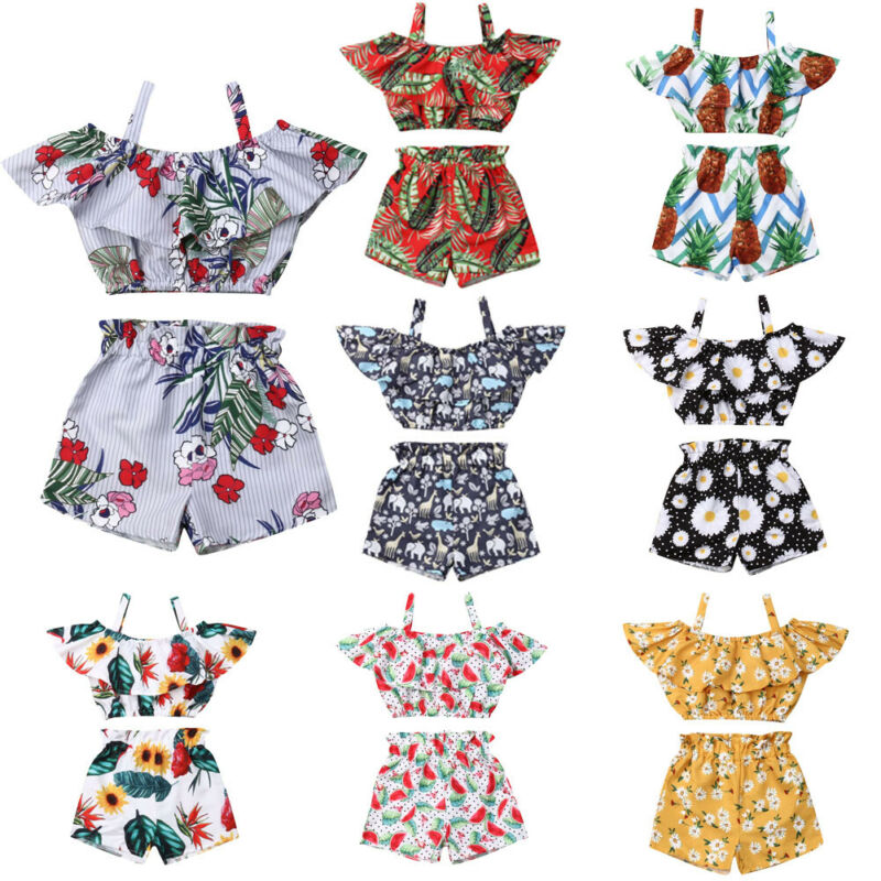 1-6 Years Summer Kids Girls Clothes Set Off Shoulder Sling Vest Tank Tops with Shorts Pants Set Baby Clothing Children Outfits