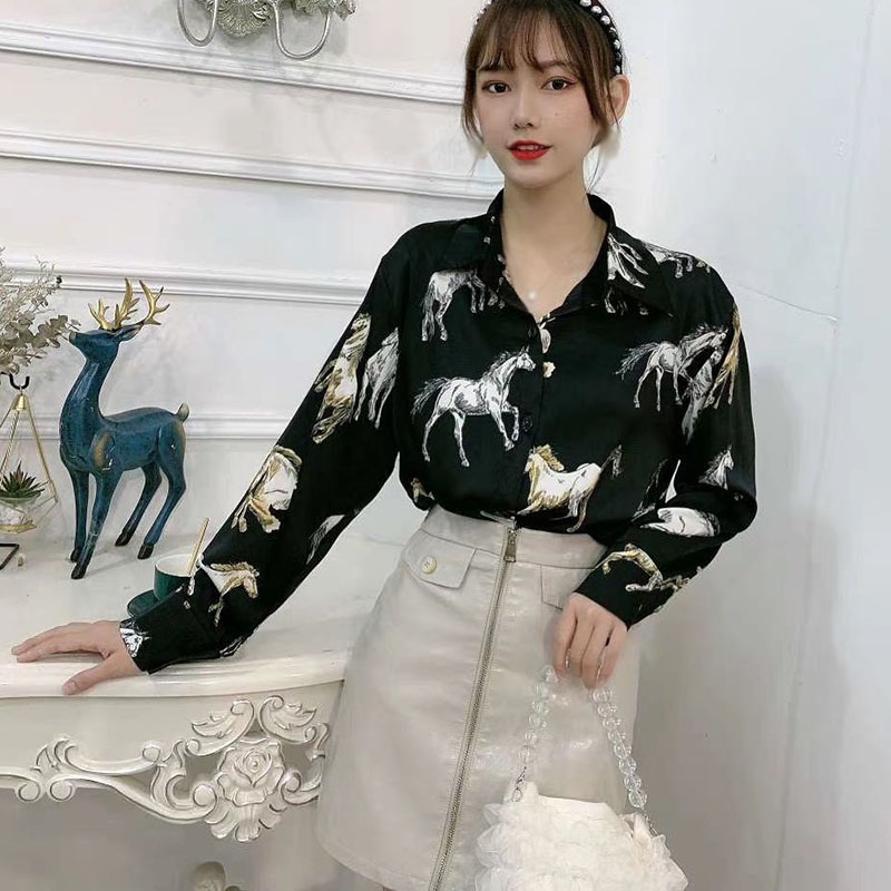Chic Animal Horse Print Women Long Sleeve Shirt Spring Retro Hong Kong Style Design Niche Satin Blouse