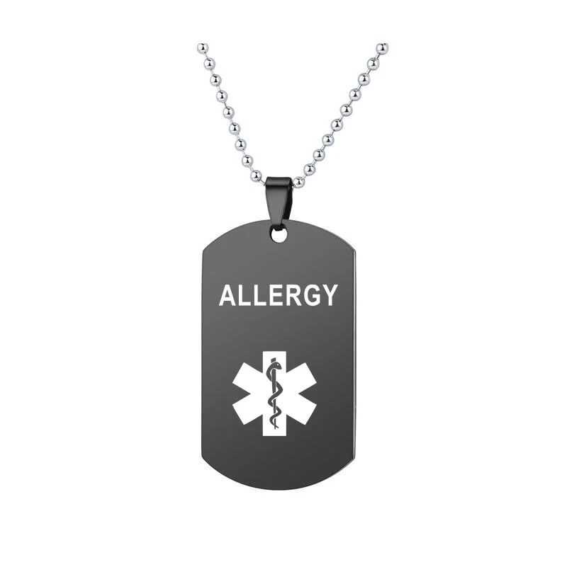 Black Dog Tag Pendant Medical Alert ID Necklace for Men Woman SOS ICE HEART PATIENT BLOOD THINNERS