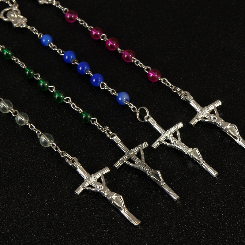 6mm Blue Pearl Beads Rosary Pendant Necklace Alloy Cross Virgin Mary Center Accessories Christian Catholic Religious Jewelry