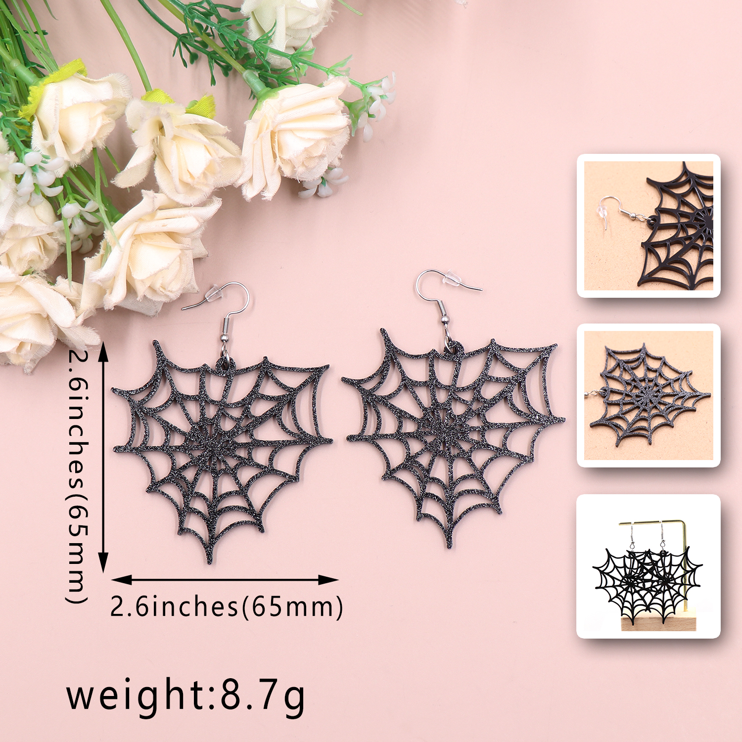 65MM Spider Web Heart Drop Earrings Halloween Holiday Earrings Laser Cut Black Glitter Acrylic Earrings