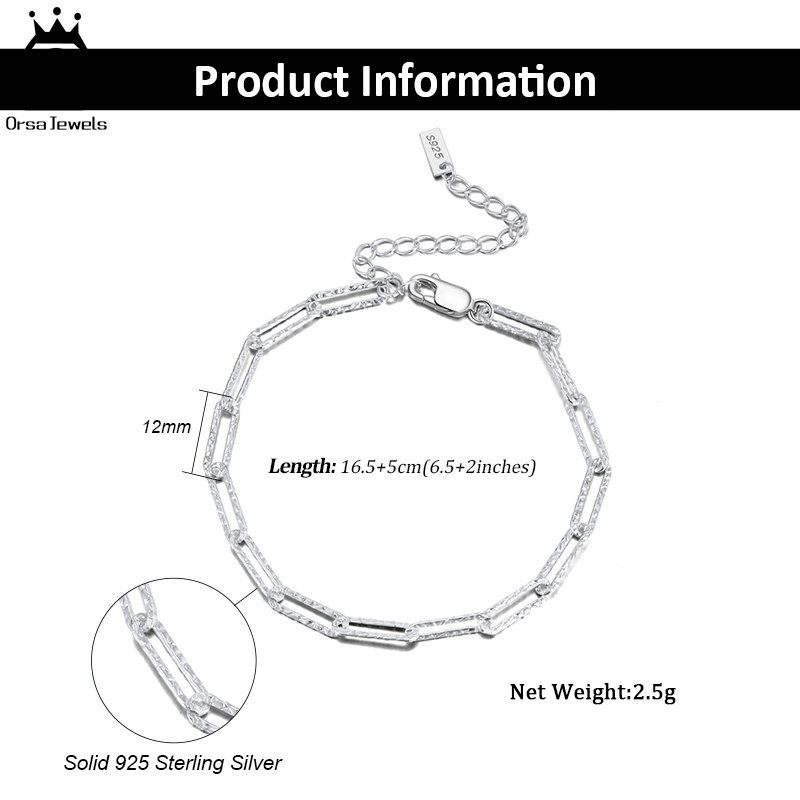 ORSA JEWELS Italian Real 925 Sterling Silver 3.5mm Paperclip Bracelet Handmade Hammered Link Chain for Women Jewelry Gifts SB120