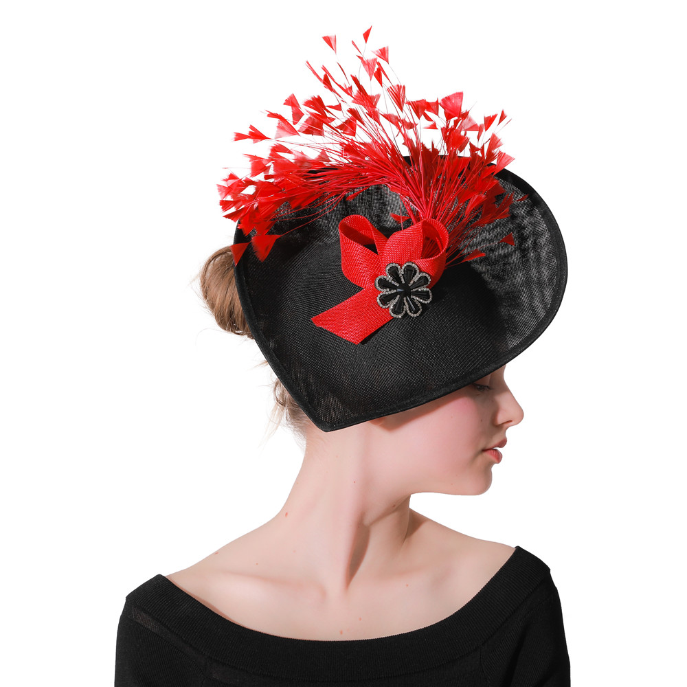Elegant Women Church Cocktail Fascinator Hat Hair Accessories Wedding Ladies Millinery Cap Lady Red Feathers Wedding Headpiece