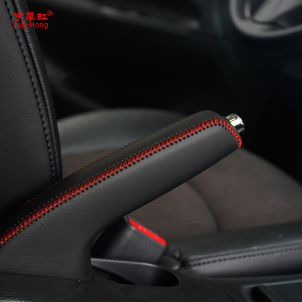 Yuji-Hong Car Handbrake Covers For Nissan TIIDA 2011~ Auto Handbrake Cover Genuine Leather Grips Black/Red thread