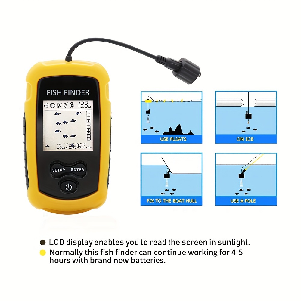 Portable Fish Finder with English Display, Sonar Sounder, Alarm Transducer, Fishfinder, 0.7-100m