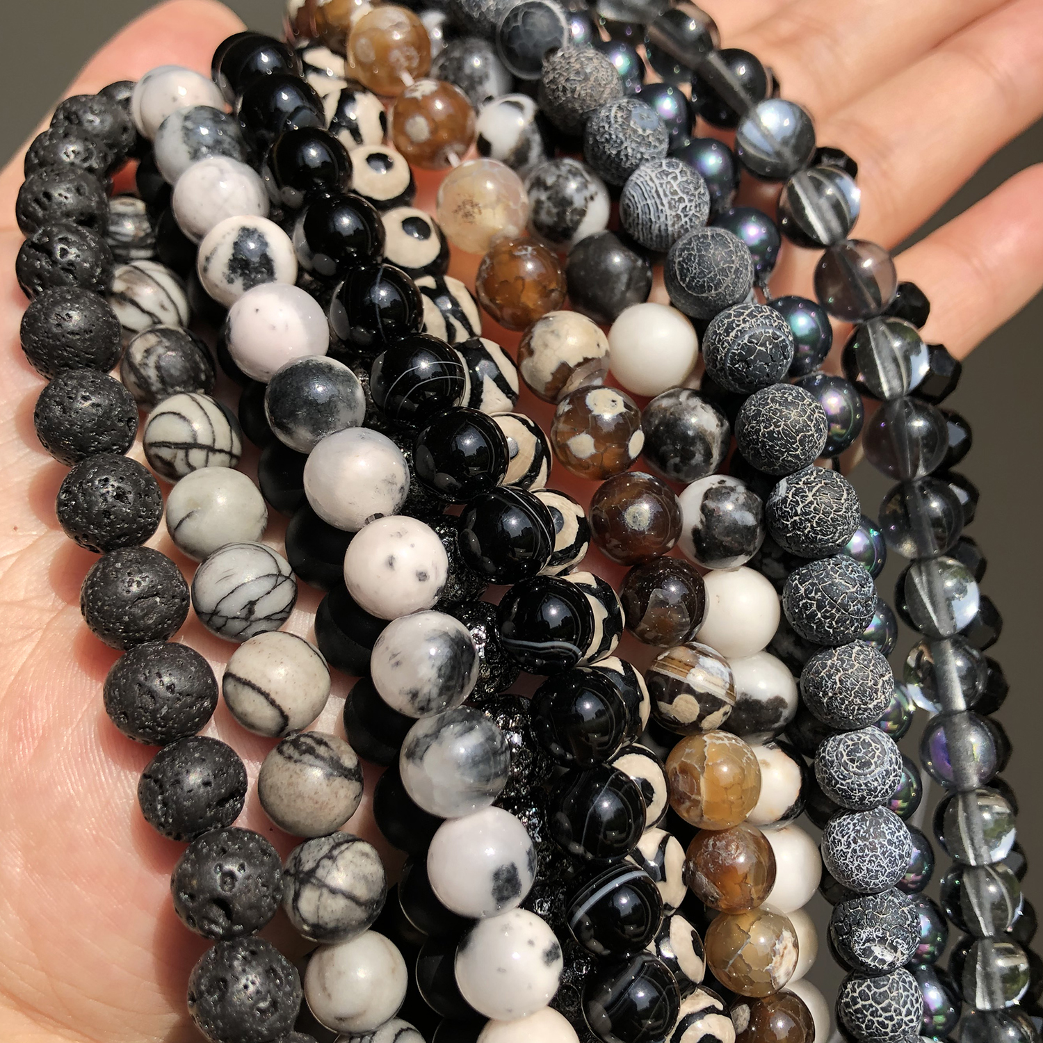Natural Stones Black Agates Hematite Cat Eye Loose Spacer Round Mineral Beads for Jewelry Making Needlework Diy Bracelets 15''