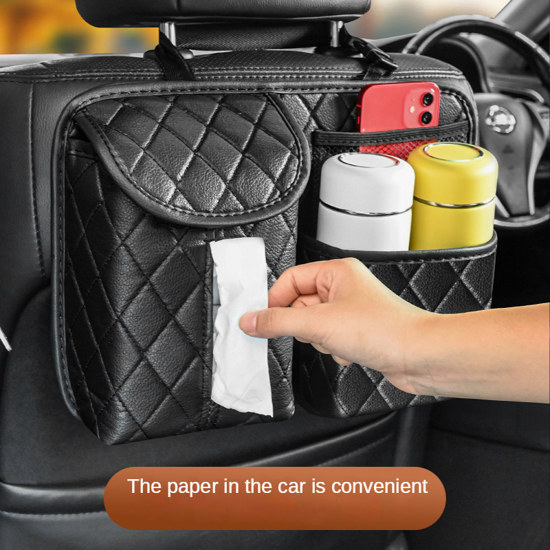 Car Back Seat Storage Bag Holder Universal Leather Auto Backseat Hanging Organizer Tissue Water Cup Towel Mobile Phone Pockets