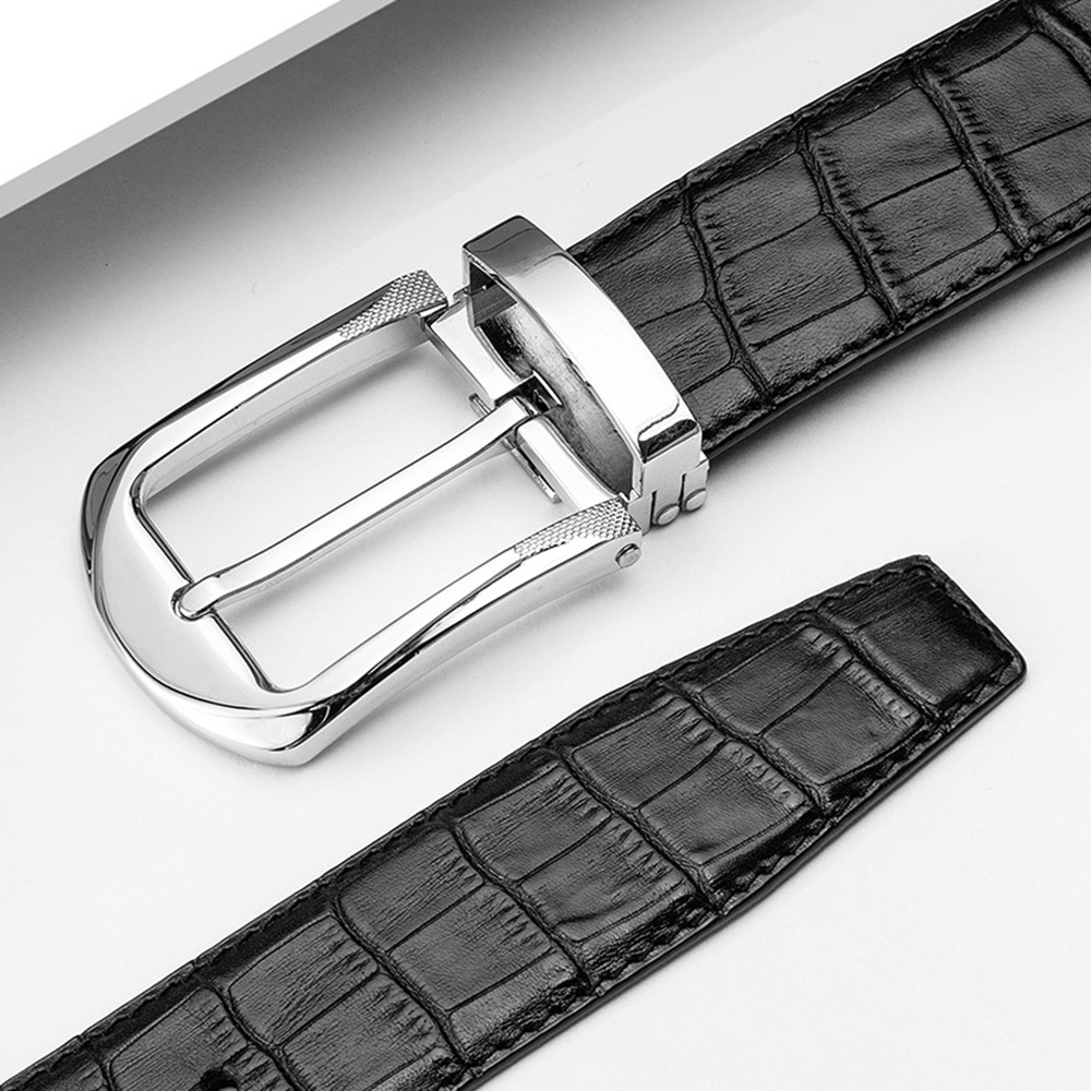 HIDUP Top Quality Simple Design Pin Buckle Metal Belts Men Striped Black Cow Genuine Leather Belt 3.3cm Width Clothes NWJ105