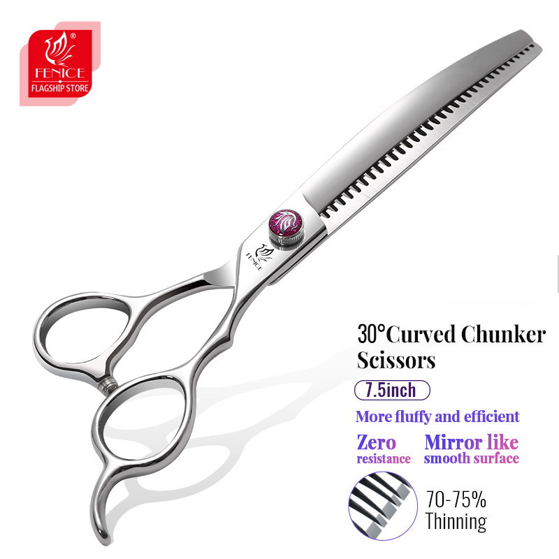 Fenice 7.5 inch Pet Grooming Reverse Shark Scissors Curved Chunker Shears Japan 440C Bearing Screw Dog Scissors Thinner70-75%