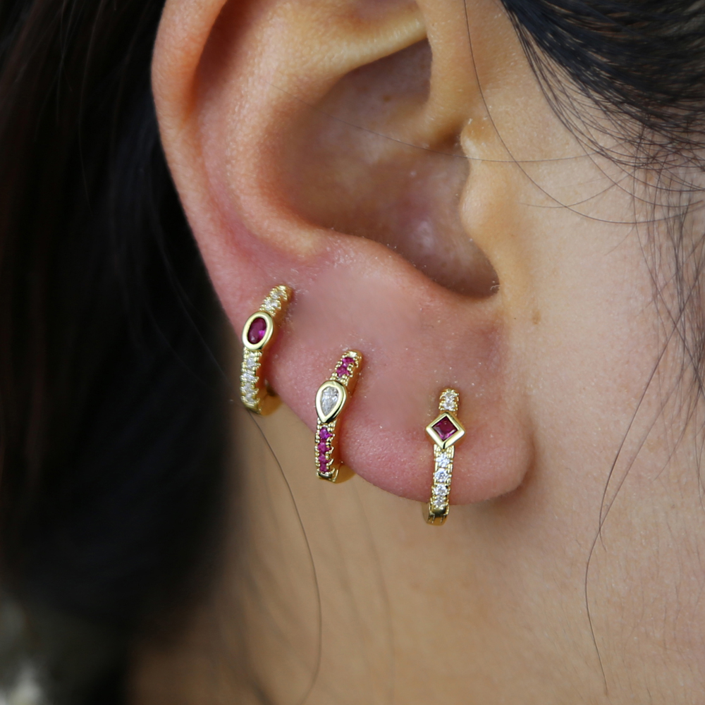 Set Of 4 Pieces Red Blue Green Cubic Zirconia Paved Gold Color Mini Small Multi Piercing CZ Hoop Earring
