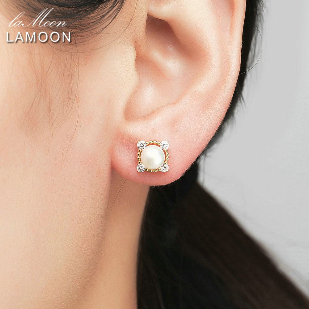LAMOON 5.5mm 100% Natural Freshwater Pearl 925 Sterling Silver Jewelry S925 stud Earrings LMEI017