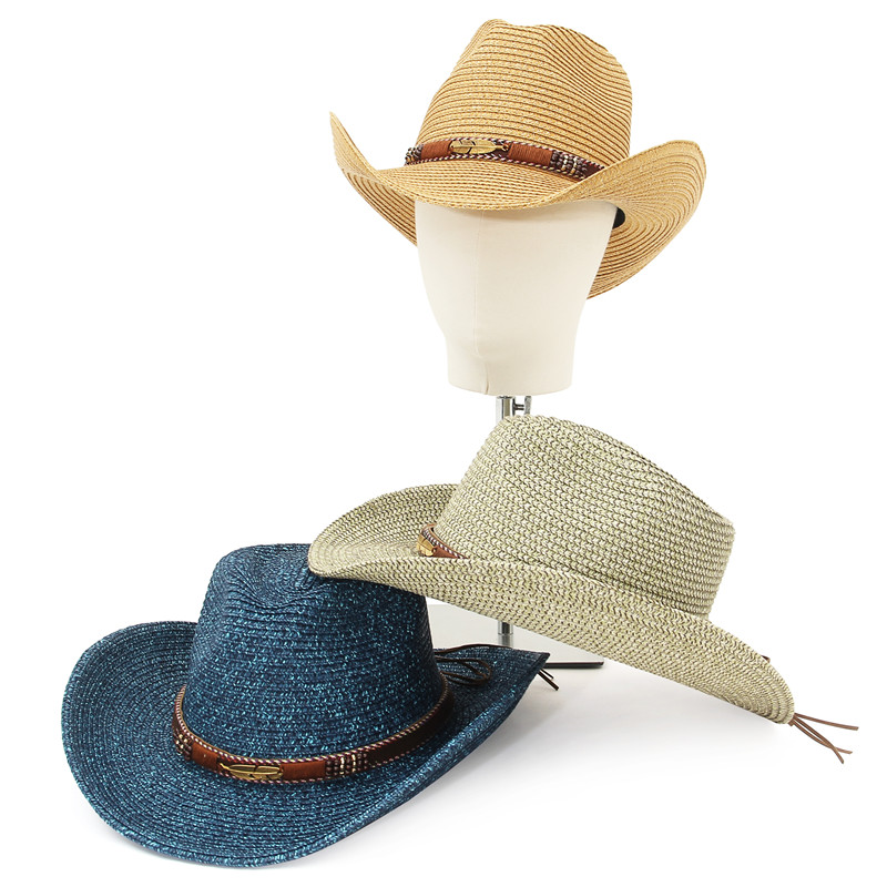 GEMVIE Western Cowboy Hat Sun Hat For Men Cowgirl Summer Hats For Women Lady Straw Hat With Alloy Feather Beads Beach Cap Panama