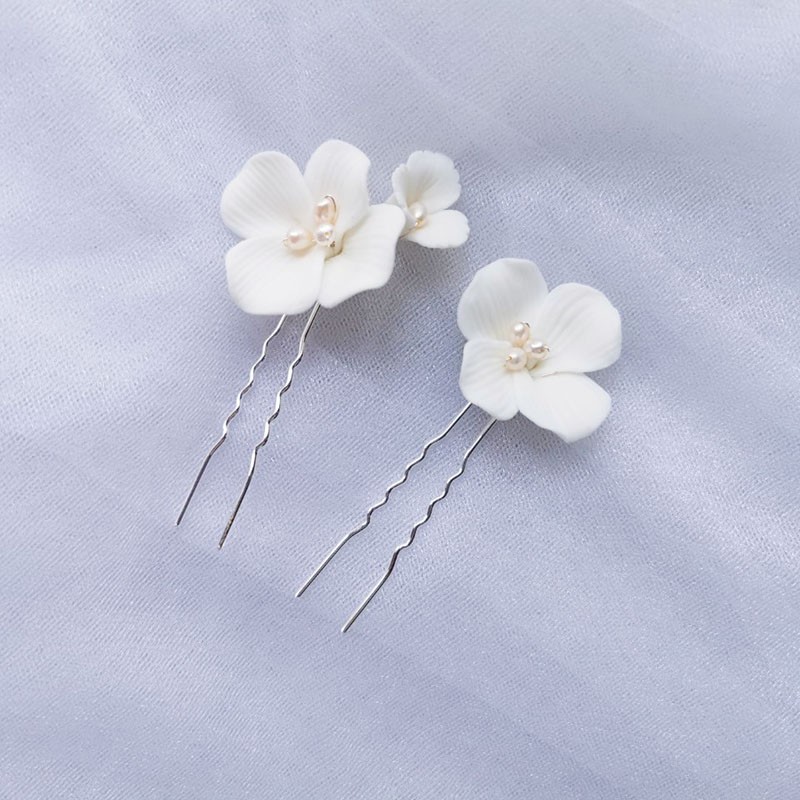 Simple White Ceramic Flower Bridal Hair Clips Pins Pearls Wedding Jewelry Handmade Women Hair Piece